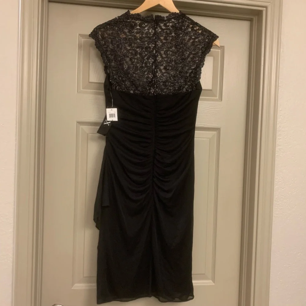 NWT Xscape LBD Black Lace Stand Collar Illusion Back Neck Short Cap Sleeve Dress